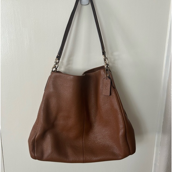 Coach Phoebe Pebbled Leather Shoulder Bag Hobo F35723 Saddle - Picture 2 of 9